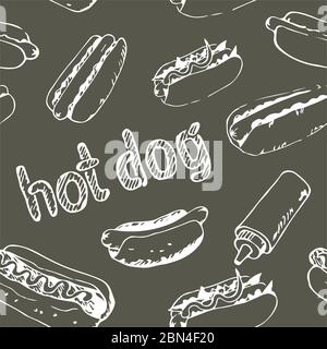 Seamless pattern with hand drawn hot dogs. Fast food background. Seamless texture from sketches of hotdogs with sauce, mayonnaise and vegetables. EPS8 Stock Vector