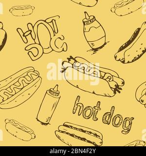 Hot Dog hand drawn seamless pattern. Fast food design element. Seamless texture from sketches of hotdogs with sauce, mayonnaise and vegetables. EPS8 v Stock Vector