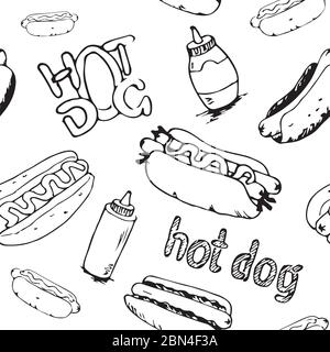 Hand drawn hot dogs seamless pattern. Fast food background. Seamless texture from sketches of hotdogs with sauce, mayonnaise and vegetables. EPS8 vect Stock Vector