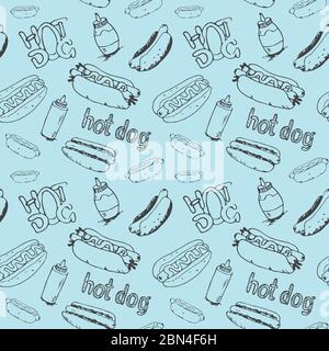 Hand drawn hot dogs seamless pattern. Fast food background. Seamless texture from sketches of hotdogs with sauce, mayonnaise and vegetables. EPS8 vect Stock Vector