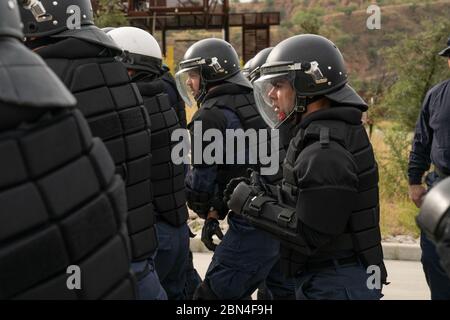 Mobile Field Force officers from the Office of Field Operations train for potential protests at the Port of Nogales, AZ, Mariposa Crossing on October 30, 2018. Stock Photo