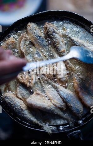 Frying small sardines fish, Chefchouen, Morocco Stock Photo