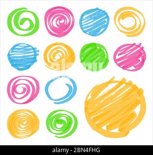 Highlighter marker hand drawn design elements. Set of highlighter shaded circles and spirals in different colors. Optimized for one click color change Stock Vector