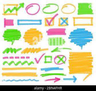 Highlighter marker design elements. Set of highlighter marks, stripes, strokes, shaded speech bubbles and arrows. Optimized for one click color change Stock Vector