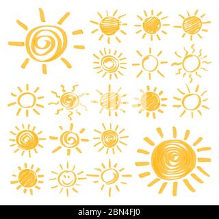 Highlighter marker summer sun design elements. Set of vector sun symbols hand drawn by yellow highlighter. Optimized for one click color changes. Vect Stock Vector