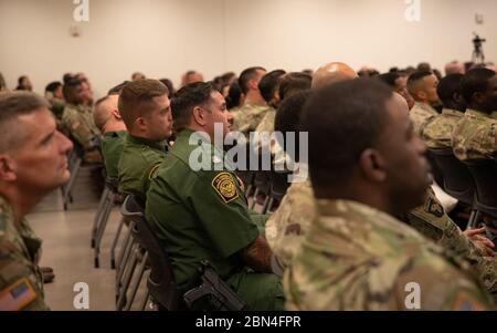 Border Patrol Agents attend the briefing of approximately 175 soldiers from the 16th Military Brigade and Third Sustainment Command (Expeditionary) on November 2, 2018 at the JRSOI In-Brief at Davis-Monthan Air Force Base.  Military soldiers have deployed  to assist the Department of Homeland Security in securing the southwest border from a potential mass migration event. Stock Photo