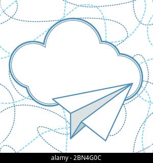 Paper planes and clouds vector seamless background. Paper airplanes flying around clouds with blank space for text. Background is seamless. Can be use Stock Vector