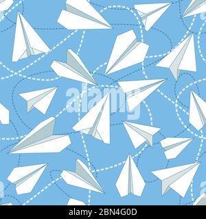 Paper planes and tangled lines seamless pattern. Repeating abstract background with paper planes and dashed lines. EPS8 vector illustration includes P Stock Vector