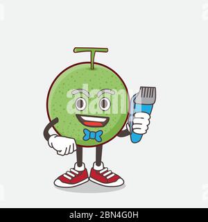 An illustration of Melon Fruit cartoon mascot character as smiling barber with hair clipper on hand Stock Vector