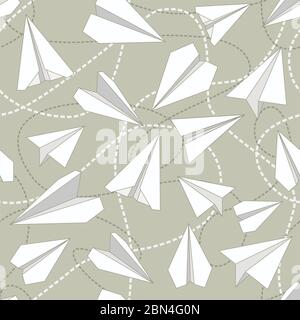 Paper planes and tangled lines seamless pattern. Repeating abstract background with paper planes and dashed lines. EPS8 vector illustration includes P Stock Vector