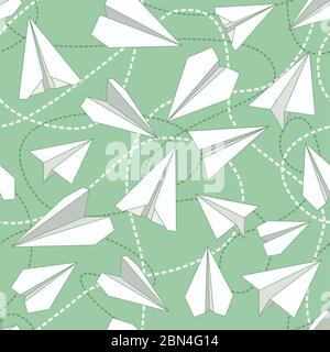 Paper planes and tangled lines seamless pattern. Repeating abstract background with paper planes and dashed lines. EPS8 vector illustration includes P Stock Vector