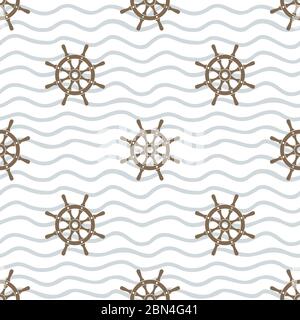 Ship helm vector seamless pattern. Helm, steering wheel and waves seamless texture. Steering wheel and wave symbols seamless pattern. Ship helm vector Stock Vector