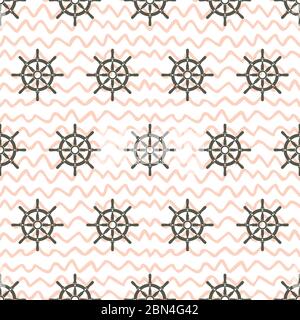 Ship helm vector seamless pattern. Helm, steering wheel and waves seamless texture. Steering wheel and wave symbols seamless pattern. Ship helm vector Stock Vector