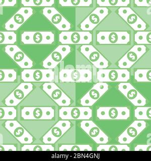 Dollar banknote seamless pattern. American bucks abstract texture. Wrapping background with repeating USA currency symbols on green. Greenback stylize Stock Vector