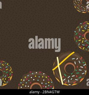 Chocolate donuts background for poster or banner design. Sweet sugar icing doughnuts in the glaze with colorful sprinkle topping. Top view graphics in Stock Vector