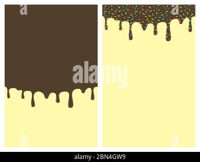 Dripping donut glaze vertical backgrounds set. Chocolate liquid sweet flow, tasty dessert topping with colorful sprinkles. Doughnut or ice cream drips Stock Vector