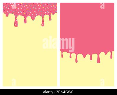 Dripping donut glaze vertical backgrounds set. Pink liquid sweet flow, tasty dessert topping with colorful sprinkles. Doughnut or ice cream drips. Vec Stock Vector