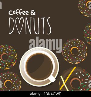 Donuts and cup of coffee or hot chocolate. Background for poster or menu design. Sweet sugar icing doughnuts in the glaze with colorful sprinkle toppi Stock Vector