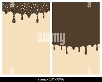 Dripping donut glaze vertical backgrounds set. Chocolate liquid sweet flow, tasty dessert topping with colorful sprinkles. Doughnut or ice cream drips Stock Vector