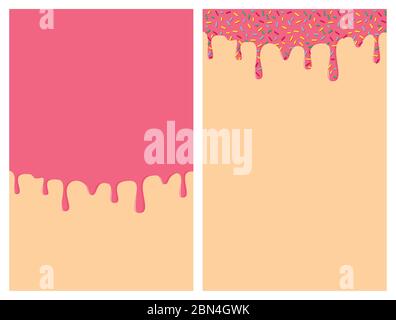 Dripping donut glaze vertical backgrounds set. Pink liquid sweet flow, tasty dessert topping with colorful sprinkles. Doughnut or ice cream drips. Vec Stock Vector