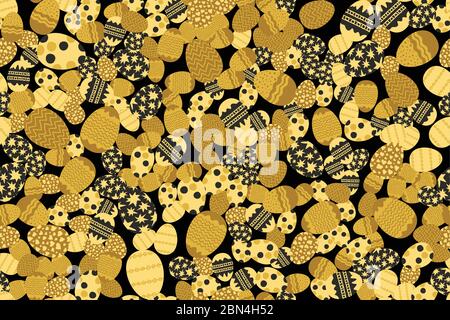 Golden tones easter eggs randomly placed on black background. Decorative seamless pattern. Texture suitable for wrapping or greeting card. Vector eps8 Stock Vector