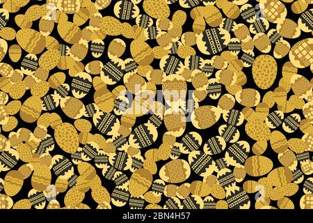 Golden tones easter eggs randomly placed on black background. Decorative seamless pattern. Texture suitable for wrapping or greeting card. Vector eps8 Stock Vector
