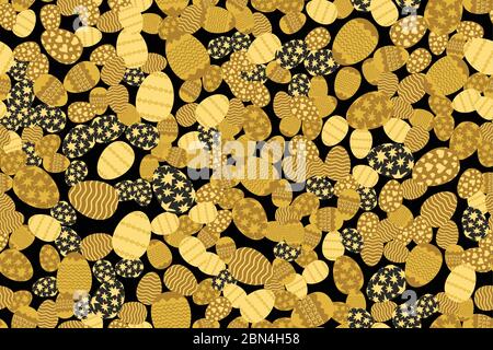 Golden tones easter eggs randomly placed on black background. Decorative seamless pattern. Texture suitable for wrapping or greeting card. Vector eps8 Stock Vector