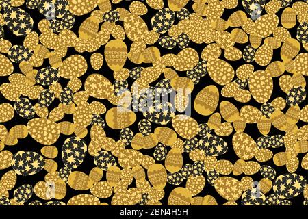 Golden tones easter eggs randomly placed on black background. Decorative seamless pattern. Texture suitable for wrapping or greeting card. Vector eps8 Stock Vector