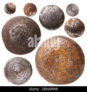 Collection of various rusty rivet heads isolated on white background. Photo Stacking Stock Photo