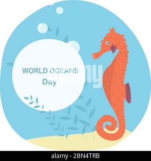 World oceans day. Sea horse and seaweed, underwater. Stock Vector