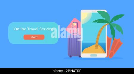 Vector illustration with smartphone, palm tree, island in the sea,credit card, luggage and flippers. Concept online travel Stock Vector