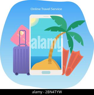 Vector illustration with smartphone, palm tree, island in the sea,credit card, luggage and flippers. Concept online travel Stock Vector