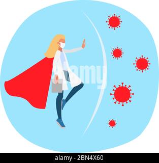 Concept virus protection. Doctor superhero help to protect against virus molecules Stock Vector