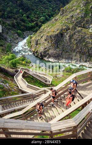 Arouca, Portugal - April 28, 2019: Visitors descending the steps of the Paiva Walkways on a sunny afternoon in the spring. Stock Photo