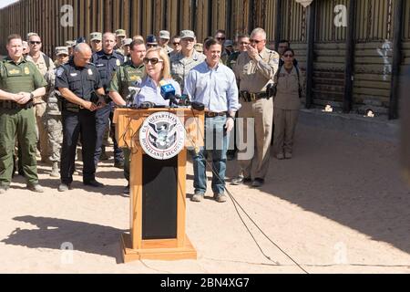 Secretary of Homeland Security Kirstjen Nielsen visits the San Luis II Commercial Port of Entry in Arizona, meeting Governor Doug Ducey and members of the National Guard. Nielsen tours the U.S.-Mexico Border Wall and holds a press conference with CBP and Border Patrol personnel on the current state of border security. Stock Photo