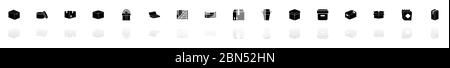 Box and Crates icons - Black horizontal Illustration symbol on White Background with a mirror Shadow reflection. Flat Vector Icon. Stock Vector