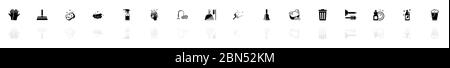 Cleaning icons - Black horizontal Illustration symbol on White Background with a mirror Shadow reflection. Flat Vector Icon. Stock Vector