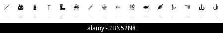 Fishing icons - Black horizontal Illustration symbol on White Background with a mirror Shadow reflection. Flat Vector Icon. Stock Vector