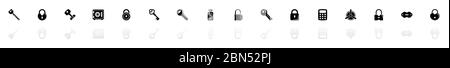 Keys and Locks icons - Black horizontal Illustration symbol on White Background with a mirror Shadow reflection. Flat Vector Icon. Stock Vector