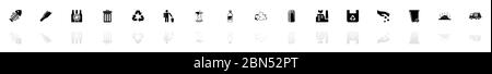 Garbage icons - Black horizontal Illustration symbol on White Background with a mirror Shadow reflection. Flat Vector Icon. Stock Vector