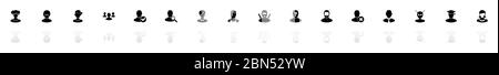 Users Avatar icons - Black horizontal Illustration symbol on White Background with a mirror Shadow reflection. Flat Vector Icon. Stock Vector