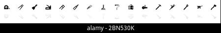 Tools icons - Black horizontal Illustration symbol on White Background with a mirror Shadow reflection. Flat Vector Icon. Stock Vector