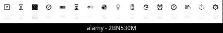 Time icons - Black horizontal Illustration symbol on White Background with a mirror Shadow reflection. Flat Vector Icon. Stock Vector