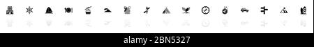 Vacation icons - Black horizontal Illustration symbol on White Background with a mirror Shadow reflection. Flat Vector Icon. Stock Vector