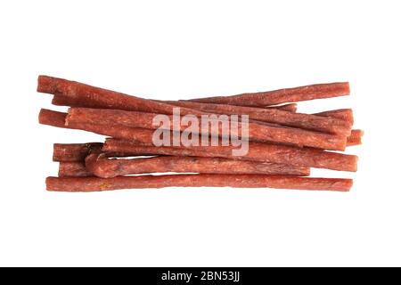 Dry salmon sticks isolated on white background. Snack Fish to beer. Close up Stock Photo