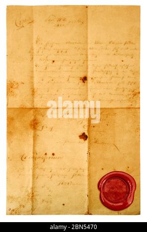 Used letter paper sheet with red wax seal isolated on white background Stock Photo