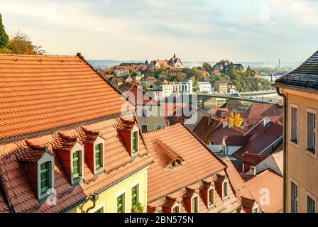 View over the old town of Meissen and the Elbe River, Saxony, Germany | Aussicht ueber die Altstadt und die Elbe bei Meissen, Sachsen, Deutschland Stock Photo