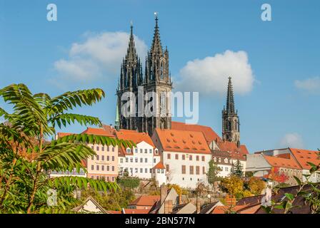 Historic Meissen old town with the cathedral at the background; Saxony; Germany Stock Photo