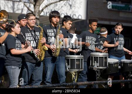 Austin, Texas USA, March 3, 2012:: Members of the Eastside Memorial High School band play while riding on a float in the Texas Independence Day parade through downtown. ©Bob Daemmrich Stock Photo