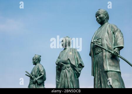 Kochi, Shikoku, Japan - April 20, 2019 : Statues of Takechi Hanpeita, Sakamoto Ryoma and Nakaoka Shintaro at Kochi railway station Stock Photo